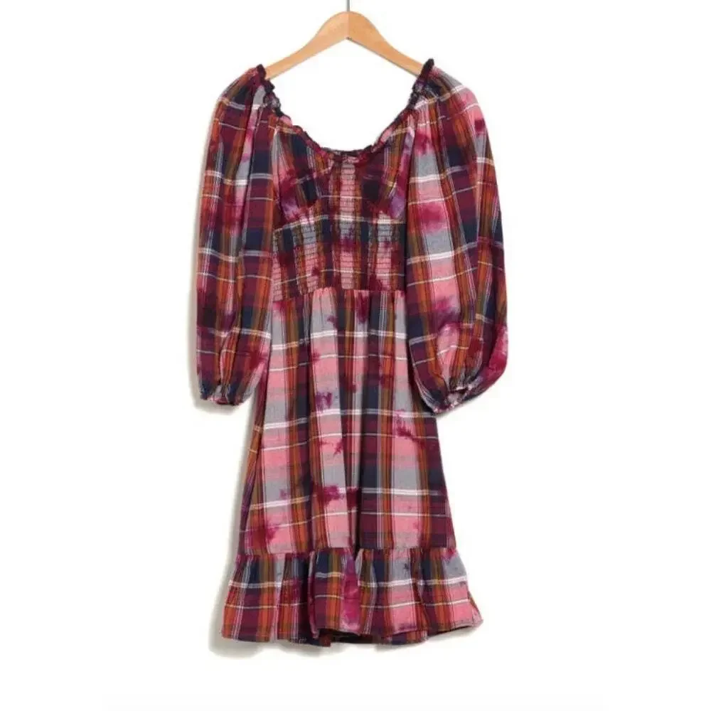 Angie Plaid Flannel Long Sleeve Dress Ruffle Hem Bleach Effect Size S Smocked